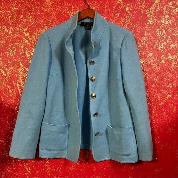 ST. JOHN Baby Blue Gold Stud Buttons Wool Blazer Jacket 10 - Picture 3 of 8